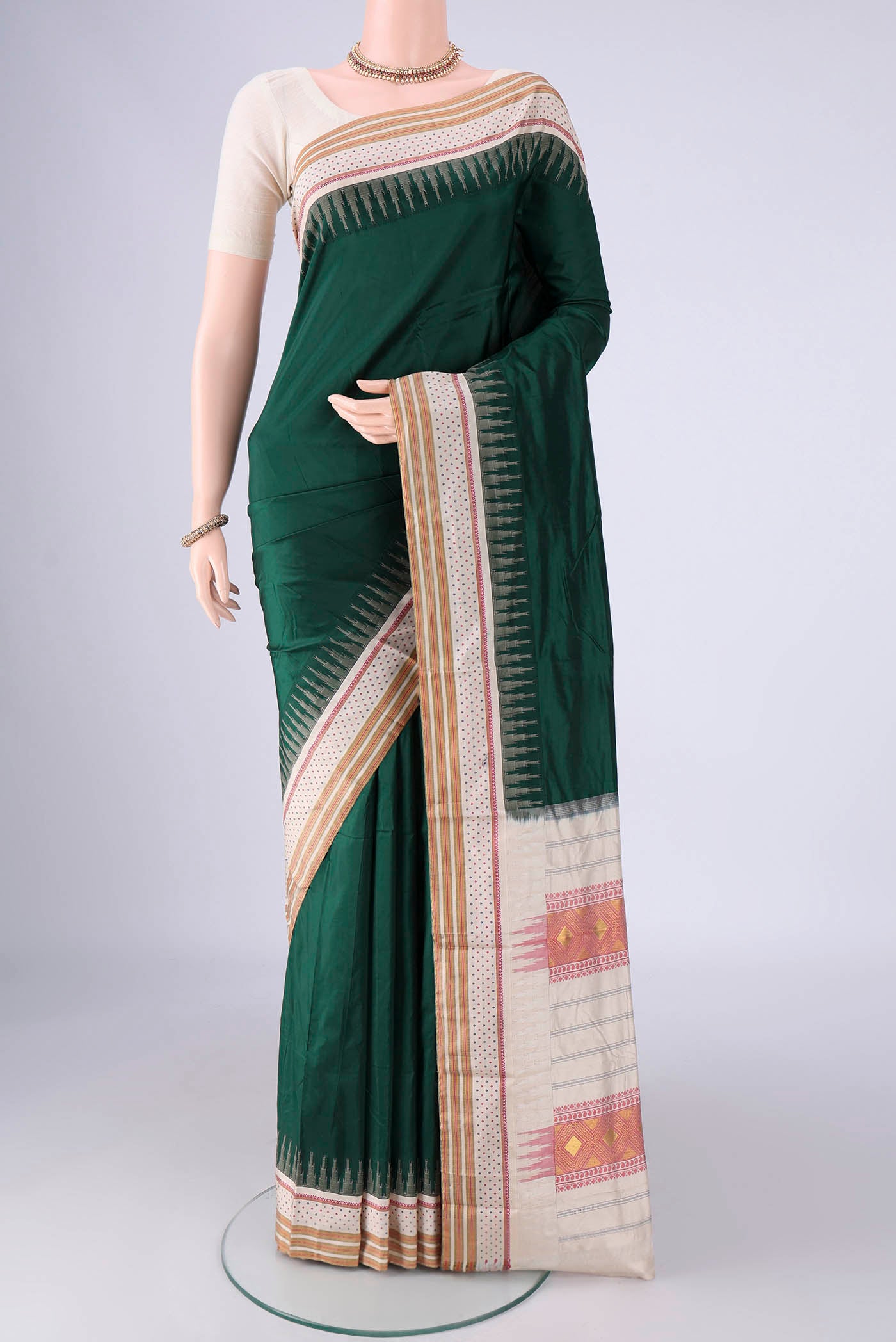 Bottle Green Bangalore Silk - kadyal Saree with Plain Body and Zari And Thread Border.  displayed on a mannequin