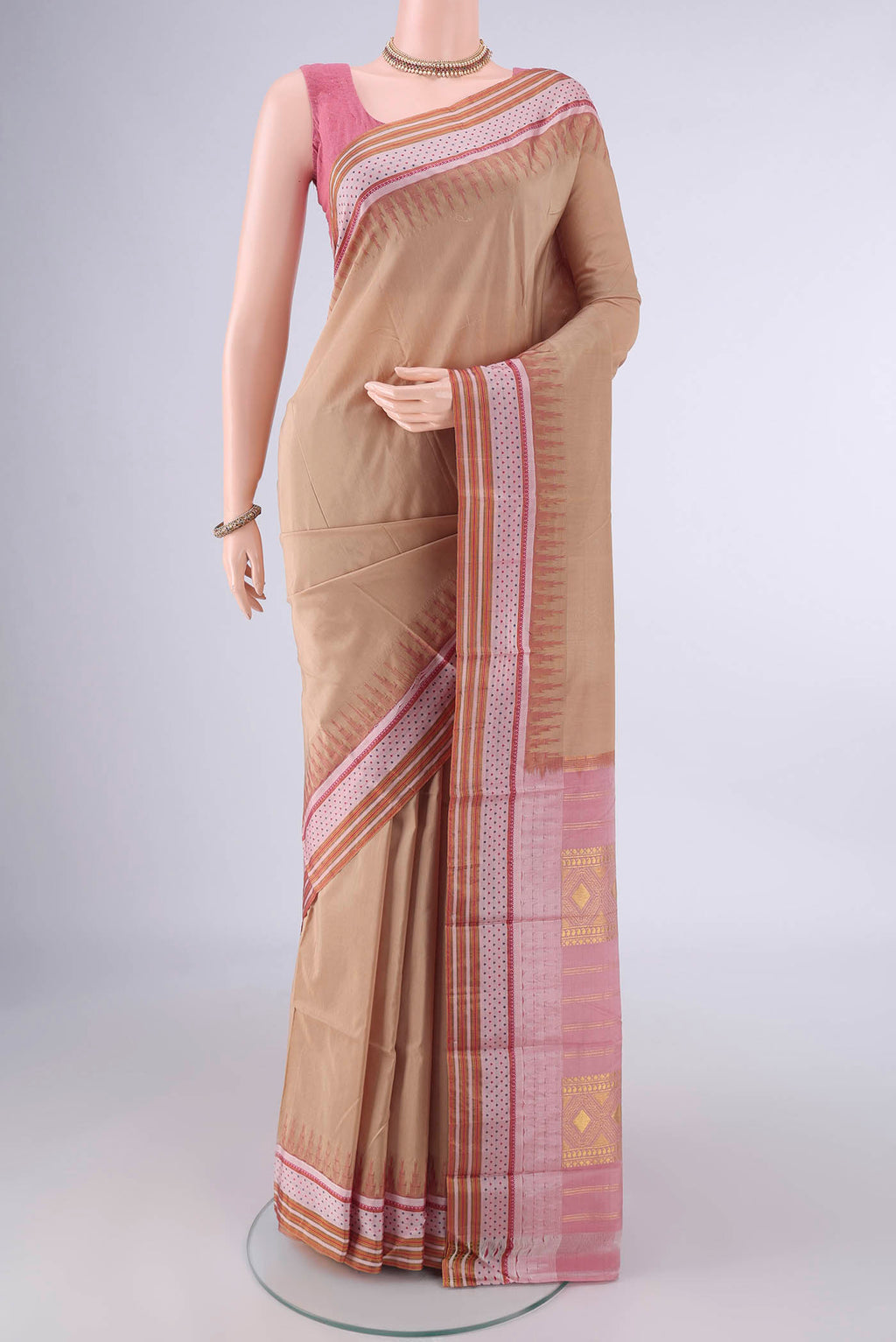 Pure Silk Beige Bangalore - kadyal Saree with Plain Body and Zari And Thread Border.  displayed on a mannequin