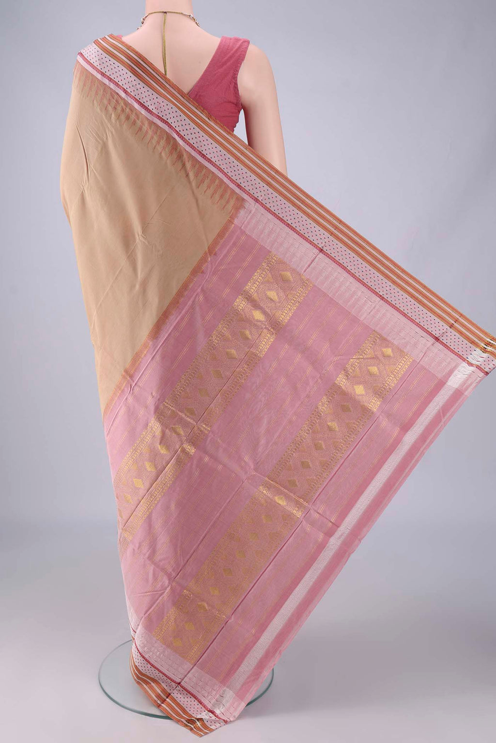 Flat view of Pure Silk Beige Bangalore - kadyal Saree with Plain Body and Zari And Thread Border. 
