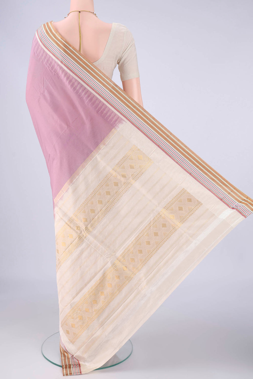 Flat view of Lavender Bangalore Silk - kadyal Saree with Plain Body and Zari And Thread Border. 