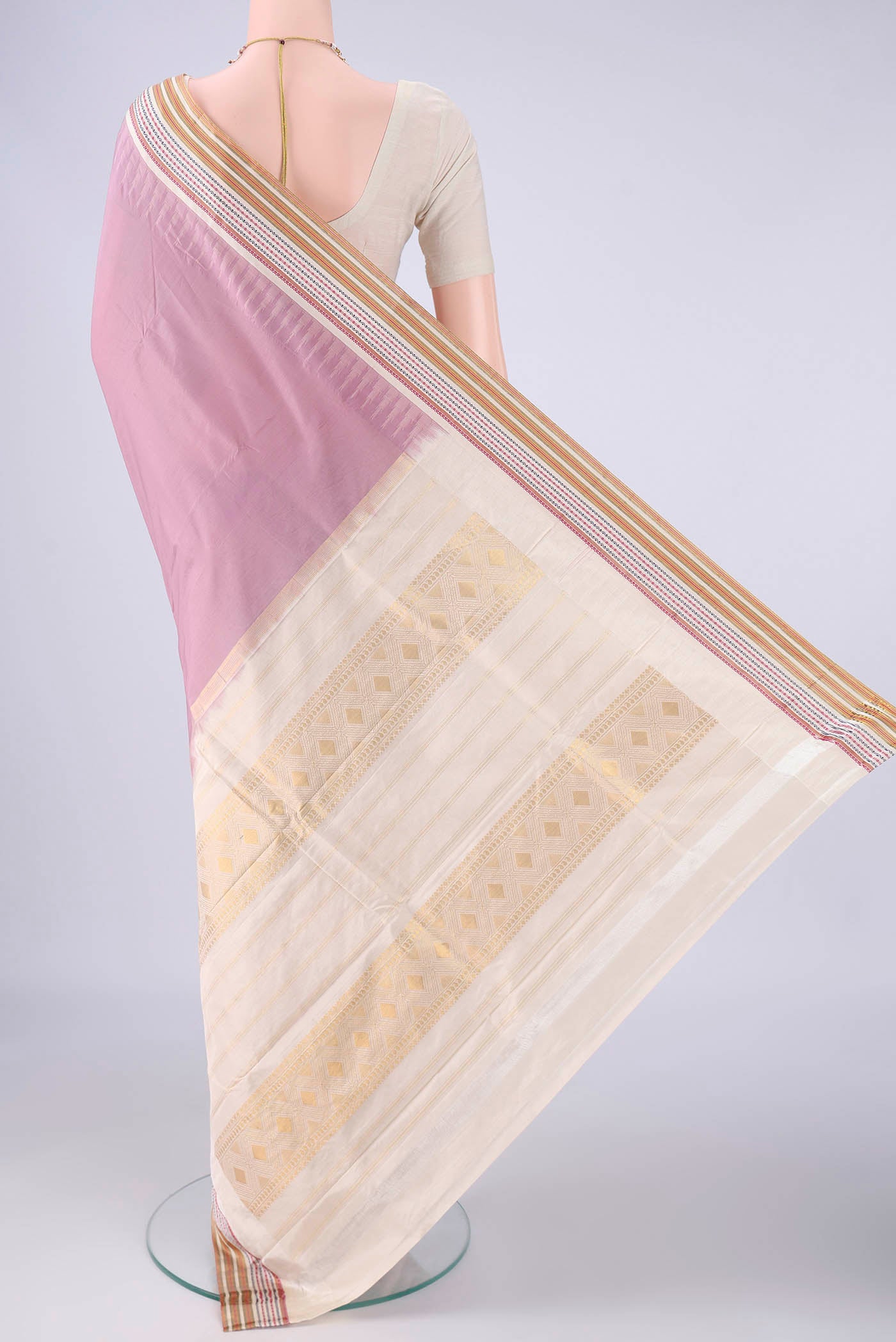 Flat view of Lavender Bangalore Silk - kadyal Saree with Plain Body and Zari And Thread Border. 