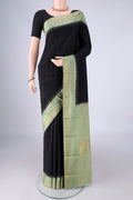 Black Bangalore Silk - kadyal Saree with Plain Body and Zari And Thread Border.  displayed on a mannequin