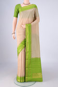 Beige Bangalore Silk - kadyal Saree with Plain Body and Temple Border.  displayed on a mannequin