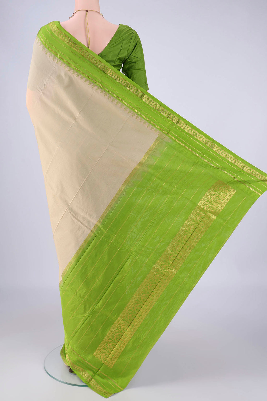Flat view of Beige Bangalore Silk - kadyal Saree with Plain Body and Temple Border. 