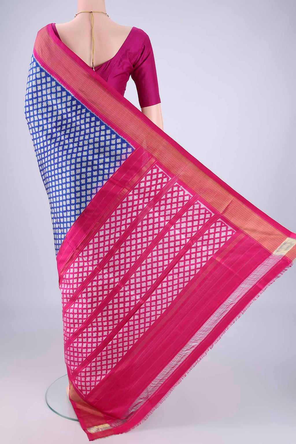 Flat view of Blue Pochampally Silk Saree with Pure Ikat on the body and Zari Border. 