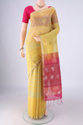 Yellow Silk Cotton Saree with Stripes on the body and Zari Border.  displayed on a mannequin