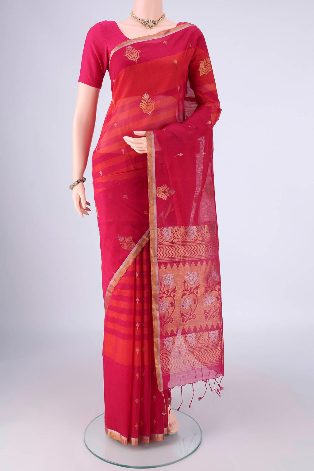 Multi Color Silk Cotton Saree with Stripes on the body and Zari Border.  displayed on a mannequin
