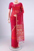 Multi Color Silk Cotton Saree with Stripes on the body and Zari Border.  displayed on a mannequin