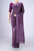 Violet Soft Silk Saree with Jacquard design on the body and Thread Border.  displayed on a mannequin