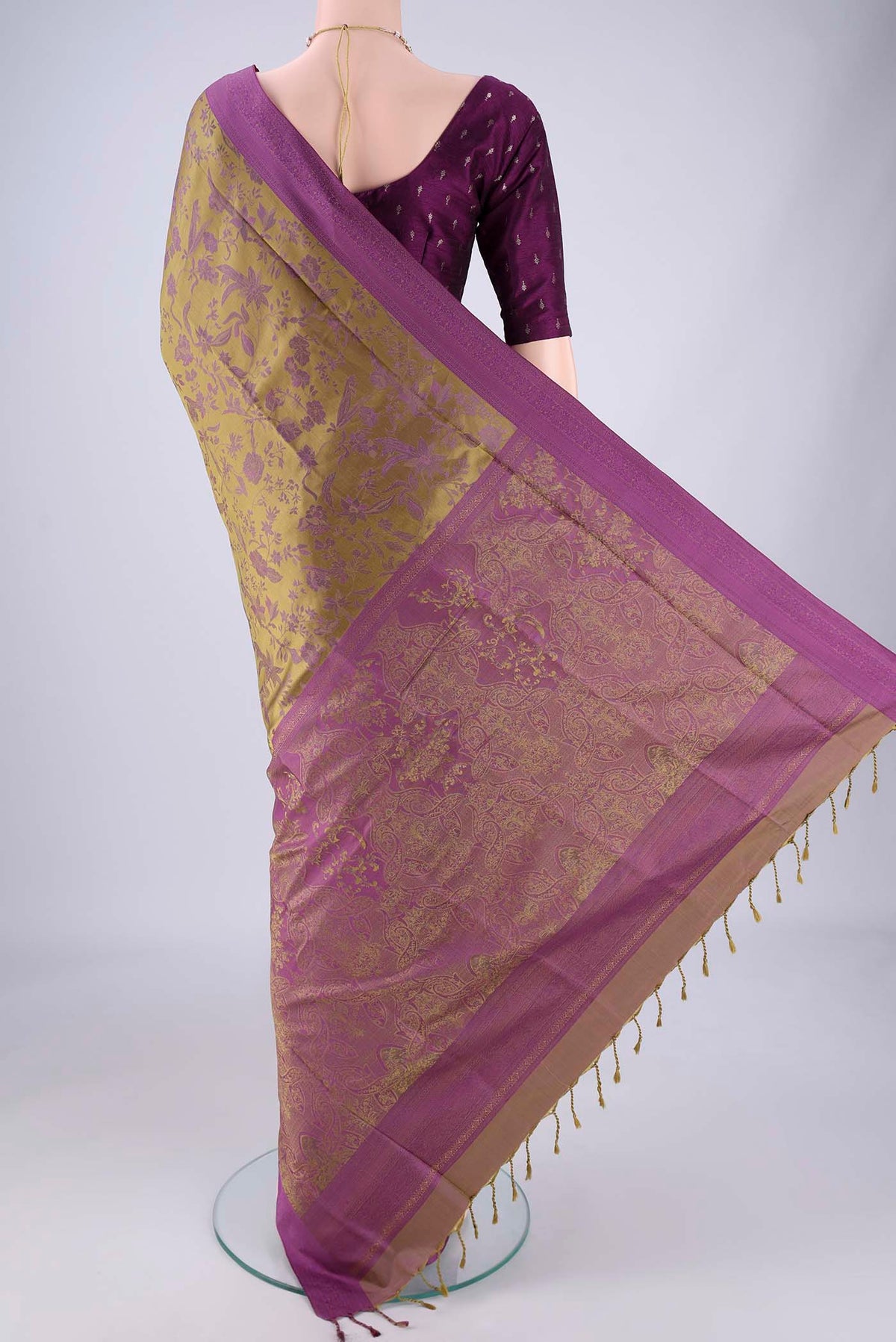 Flat view of Mehandi Green Soft Silk Saree with Jacquard design on the body and Thread Border. 