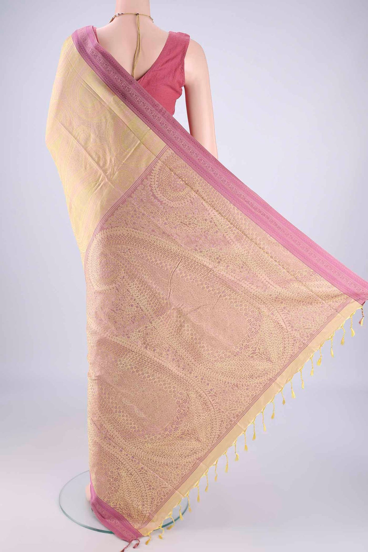 Flat view of Sandal Soft Silk Saree with Jacquard design on the body and Thread Border. 
