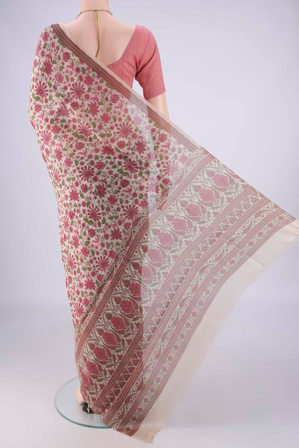 Flat view of Beige Chanderi Silk Cotton Saree with Floral Print on the body and Printed Border. 