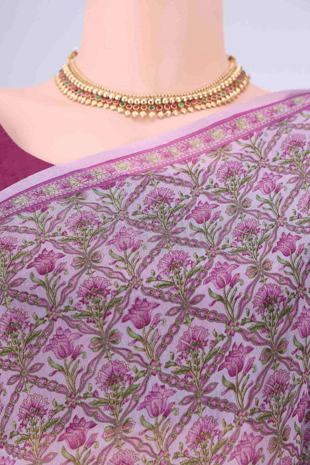 Border image of Lavender Chanderi Silk Cotton Saree with Floral Print on the body and Printed Border. 