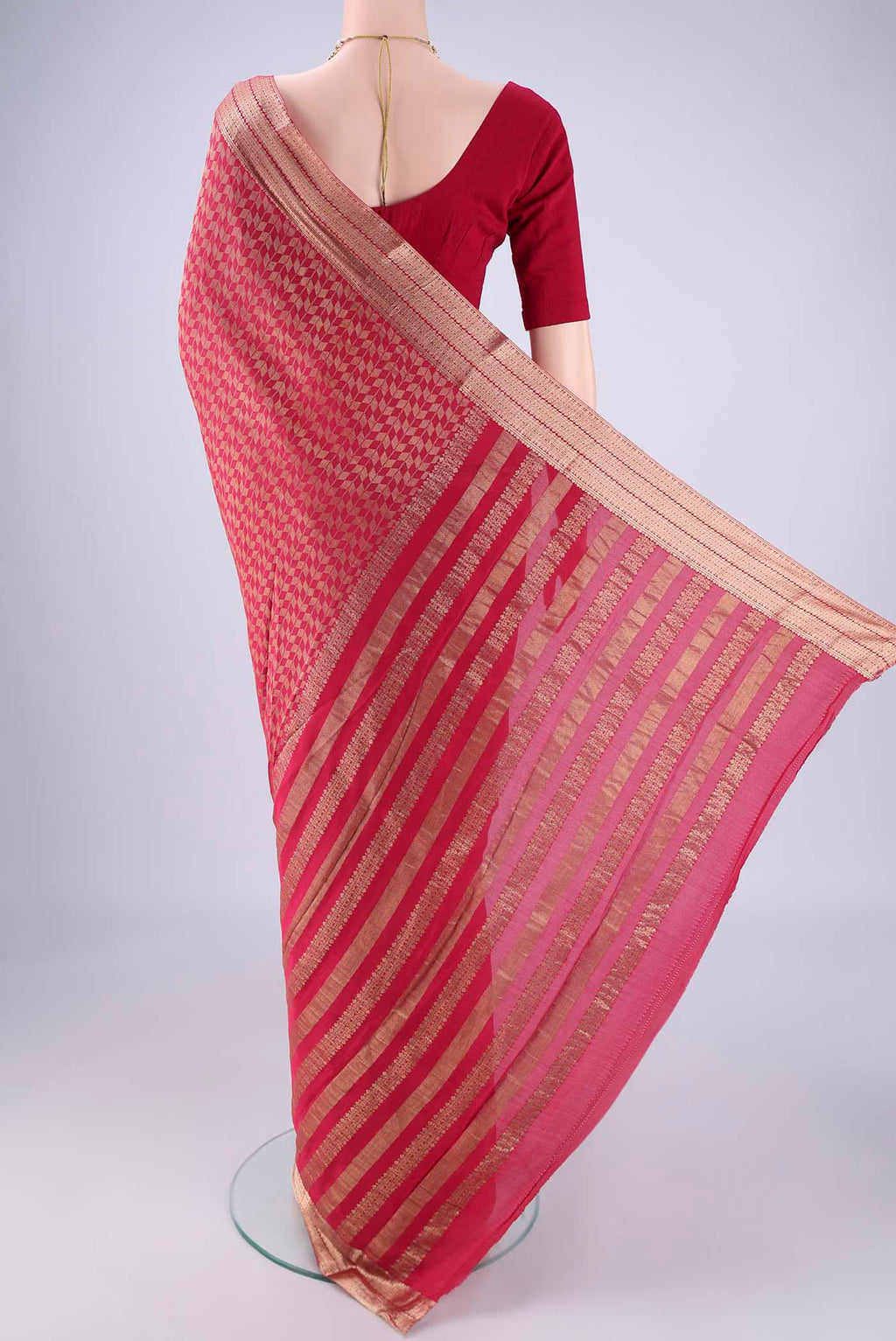 Flat view of Dark Pink Mysore Crepe Saree with Zari Brocade on the body and Zari Border. 