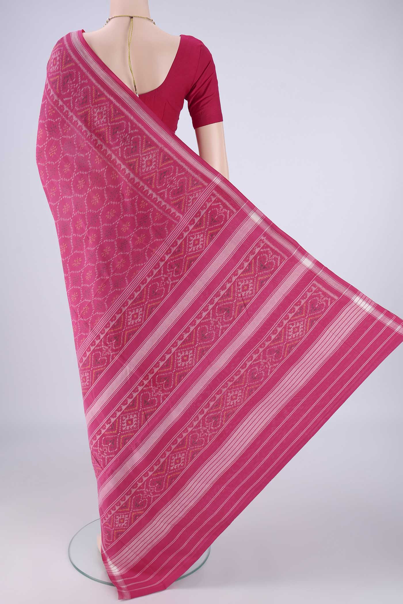 Flat view of Pink Pochampally Cotton Saree with Pure Ikat on the body and Ikat Border. 