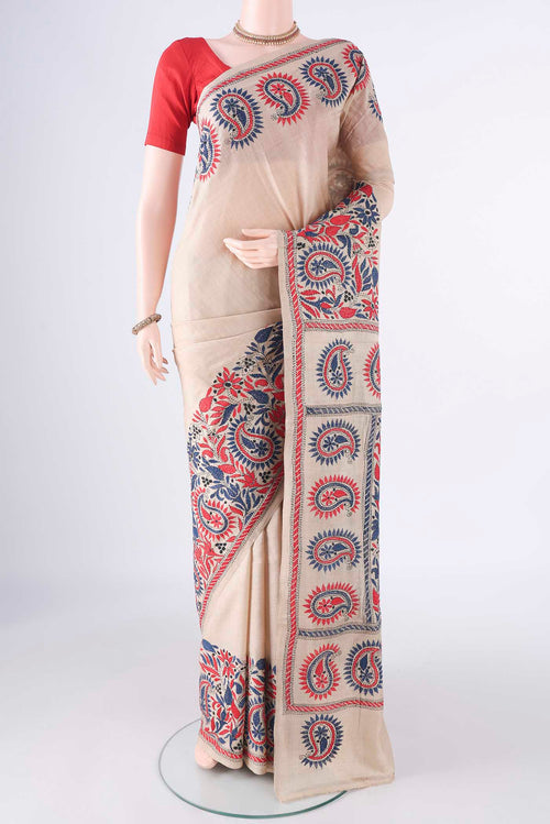Beige Kantha Saree with Kantha Work on the body and Embroidery Border.  displayed on a mannequin