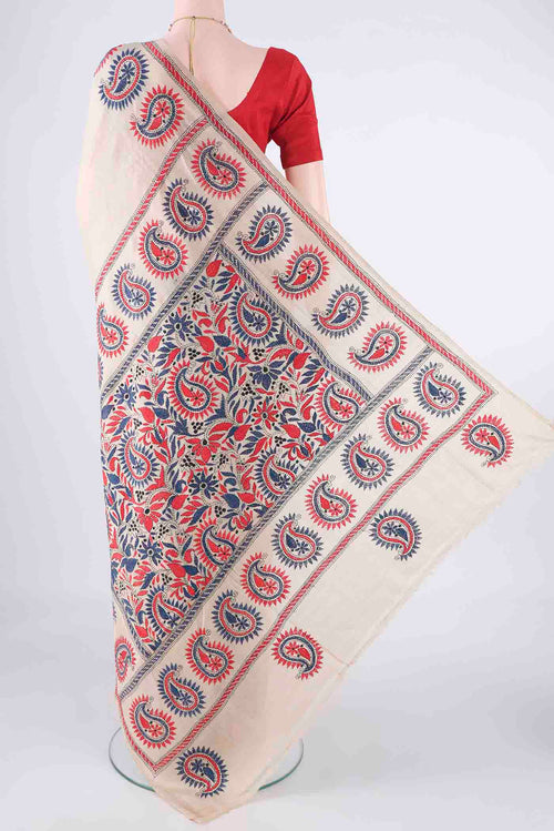 Flat view of Beige Kantha Saree with Kantha Work on the body and Embroidery Border. 