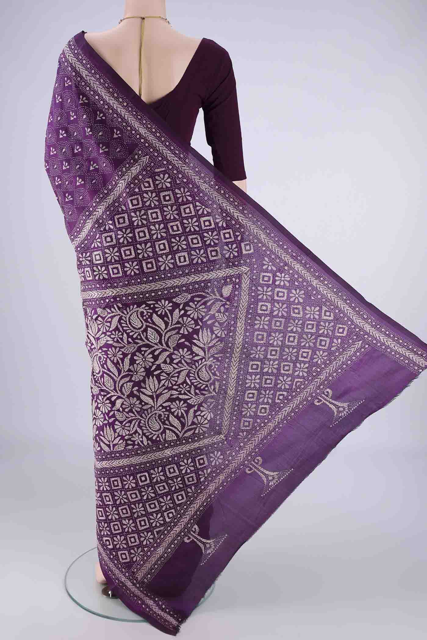 Flat view of Purple Kantha Silk Saree with Kantha Work on the body and Thread Border. 