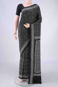 Black Kantha Silk Saree with Kantha Work on the body and Thread Border.  displayed on a mannequin