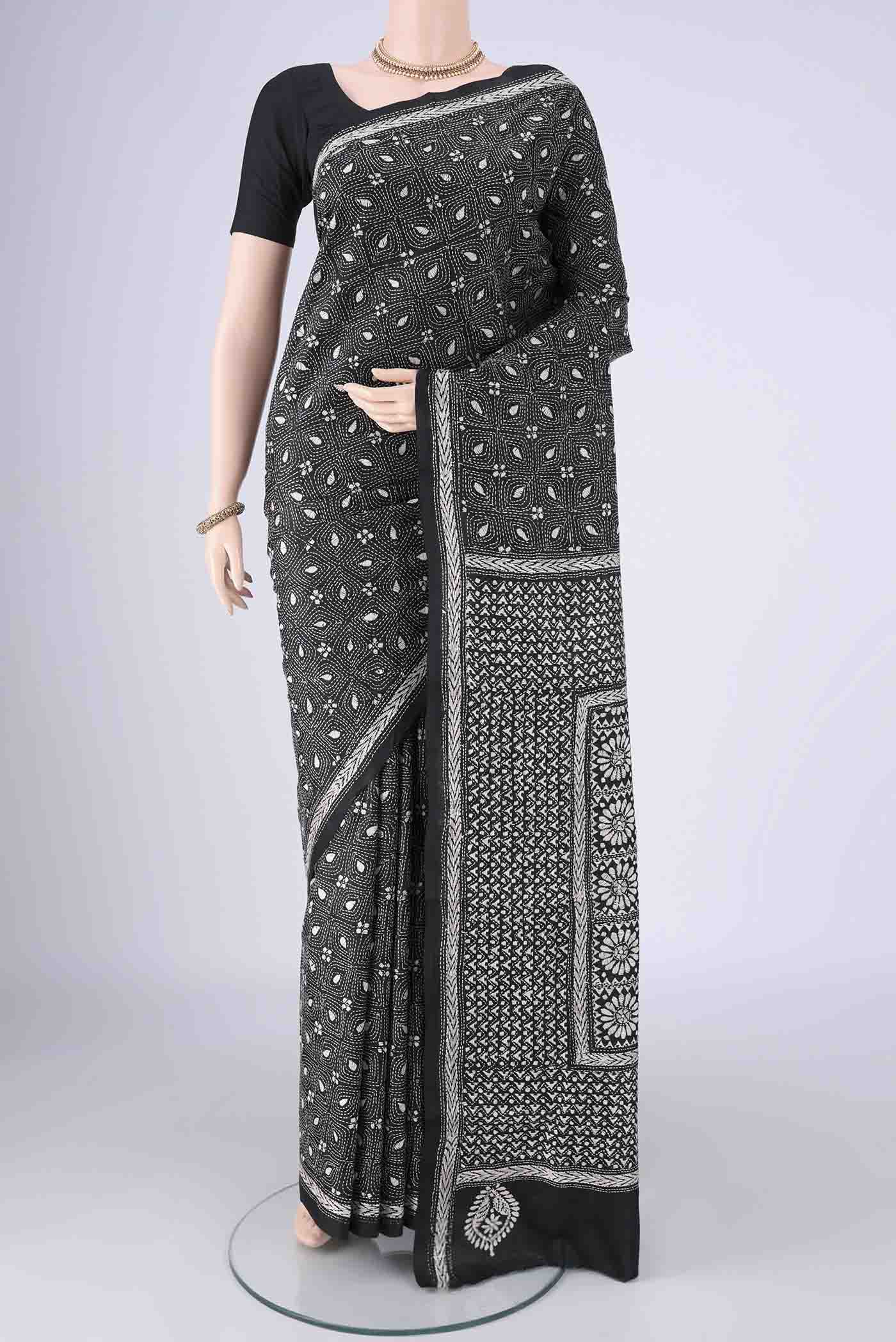 Black Kantha Silk Saree with Kantha Work on the body and Thread Border.  displayed on a mannequin