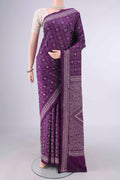 Pure Silk Purple Kantha Saree with Kantha Work on the body and Thread Border.  displayed on a mannequin