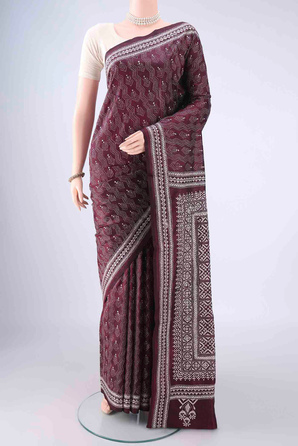 Coffee Brown Kantha Silk Saree with Kantha Work on the body and Thread Border.  displayed on a mannequin