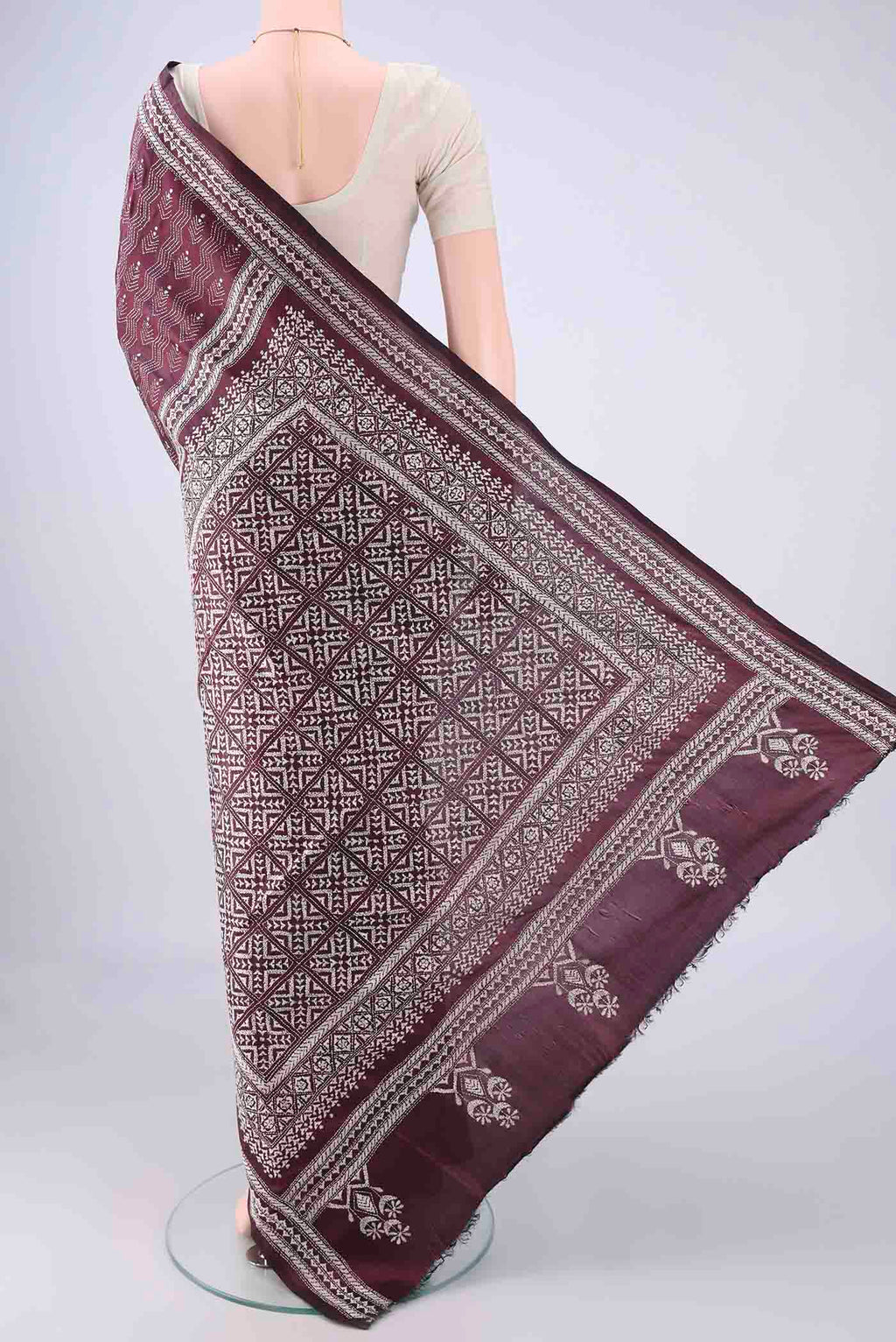 Flat view of Coffee Brown Kantha Silk Saree with Kantha Work on the body and Thread Border. 