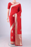 Red Banarasi Silk Saree with Zari Butta on the body and Zari Border.  displayed on a mannequin