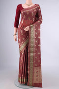 Brown Banarasi Tussar Saree with Zari And Thread Butta on the body and Zari Border.  displayed on a mannequin