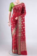 Maroon Banarasi Tussar Saree with Zari And Thread Butta on the body and Zari And Thread Border.  displayed on a mannequin