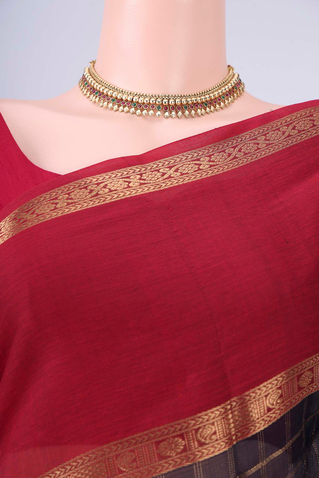 Border image of Navy Blue Coimbatore Silk Cotton Saree with Checked design on the body and Zari Border. 