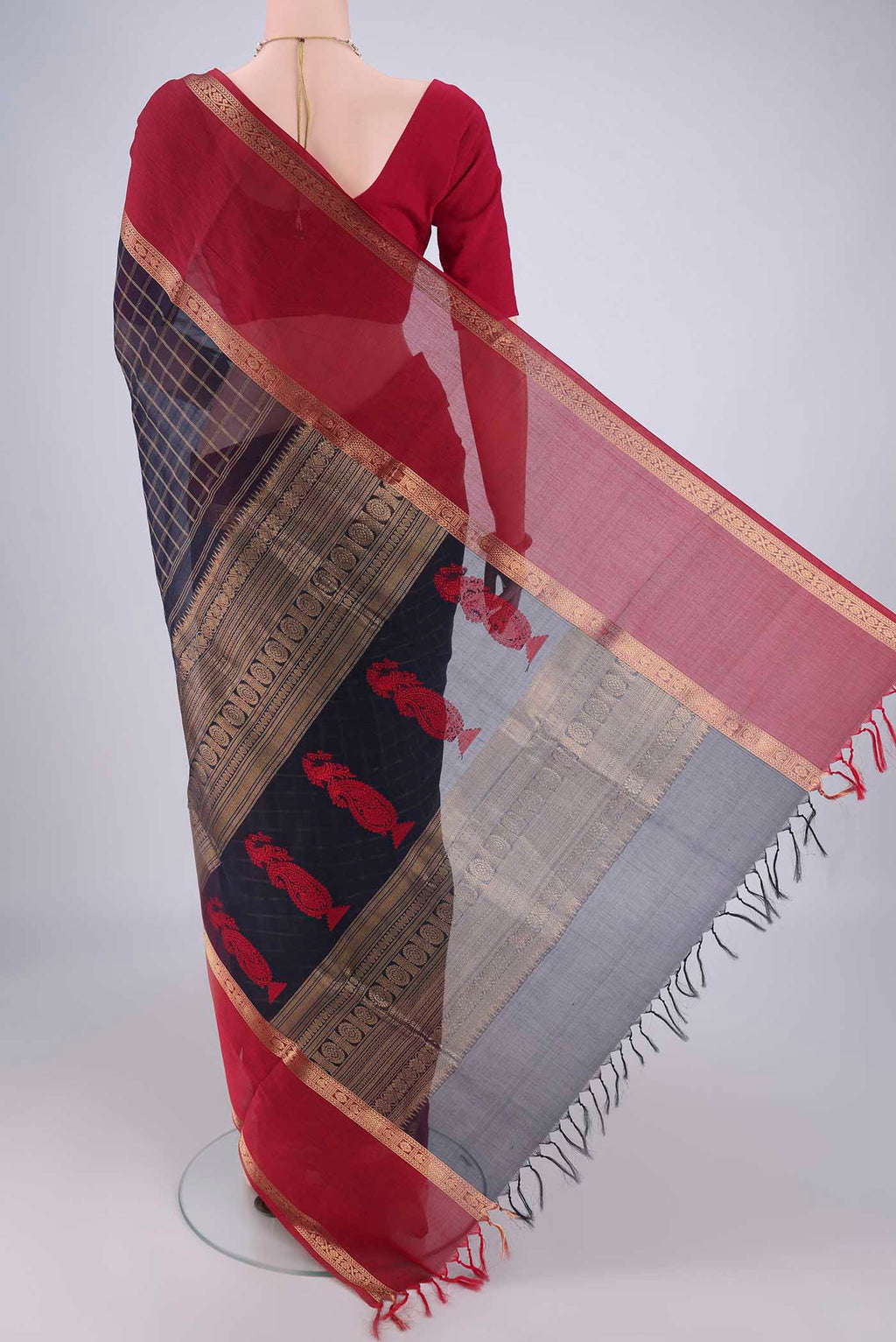 Flat view of Navy Blue Coimbatore Silk Cotton Saree with Checked design on the body and Zari Border. 