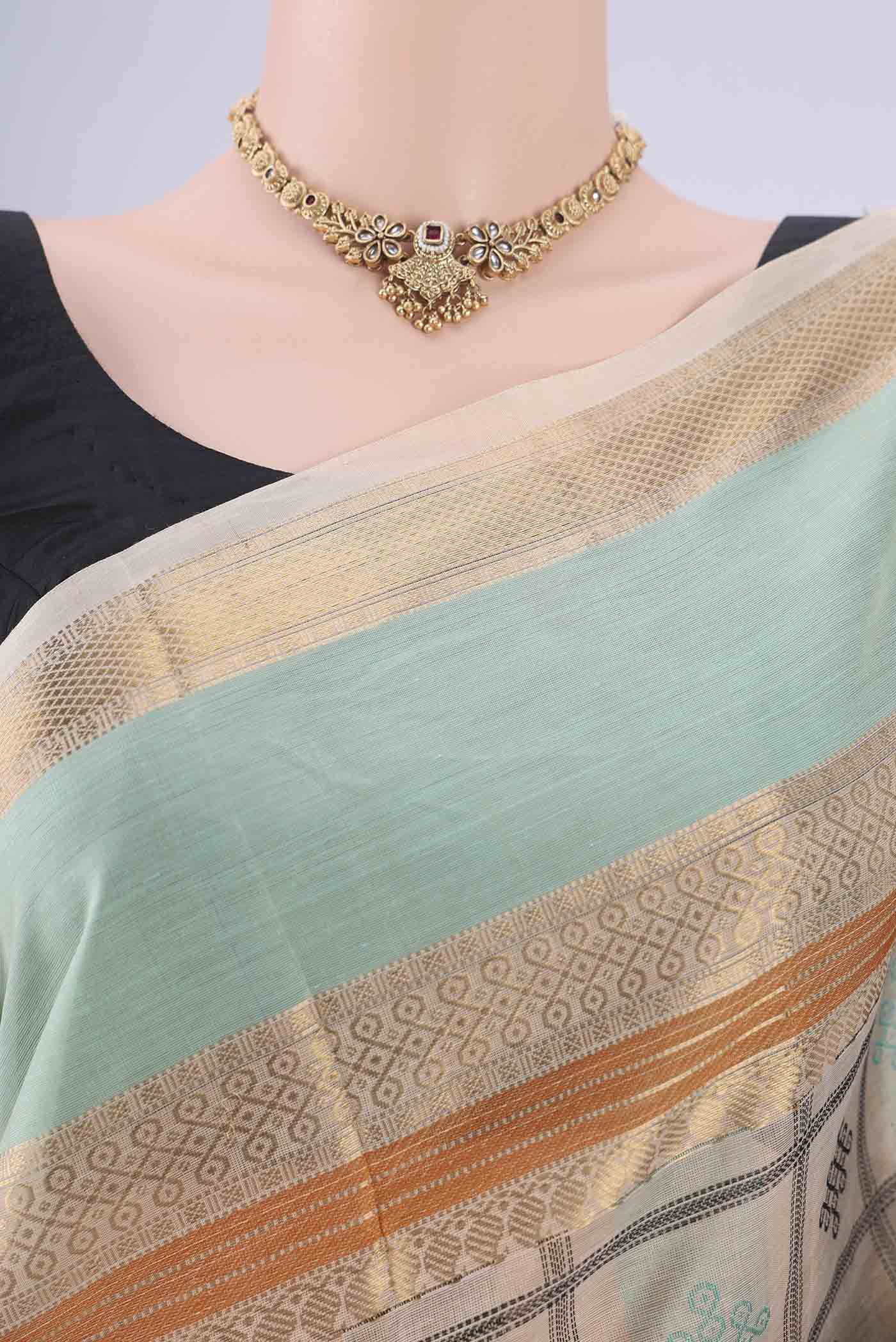 Border image of Beige Coimbatore Silk Cotton Saree with Checked design on the body and Zari Border. 