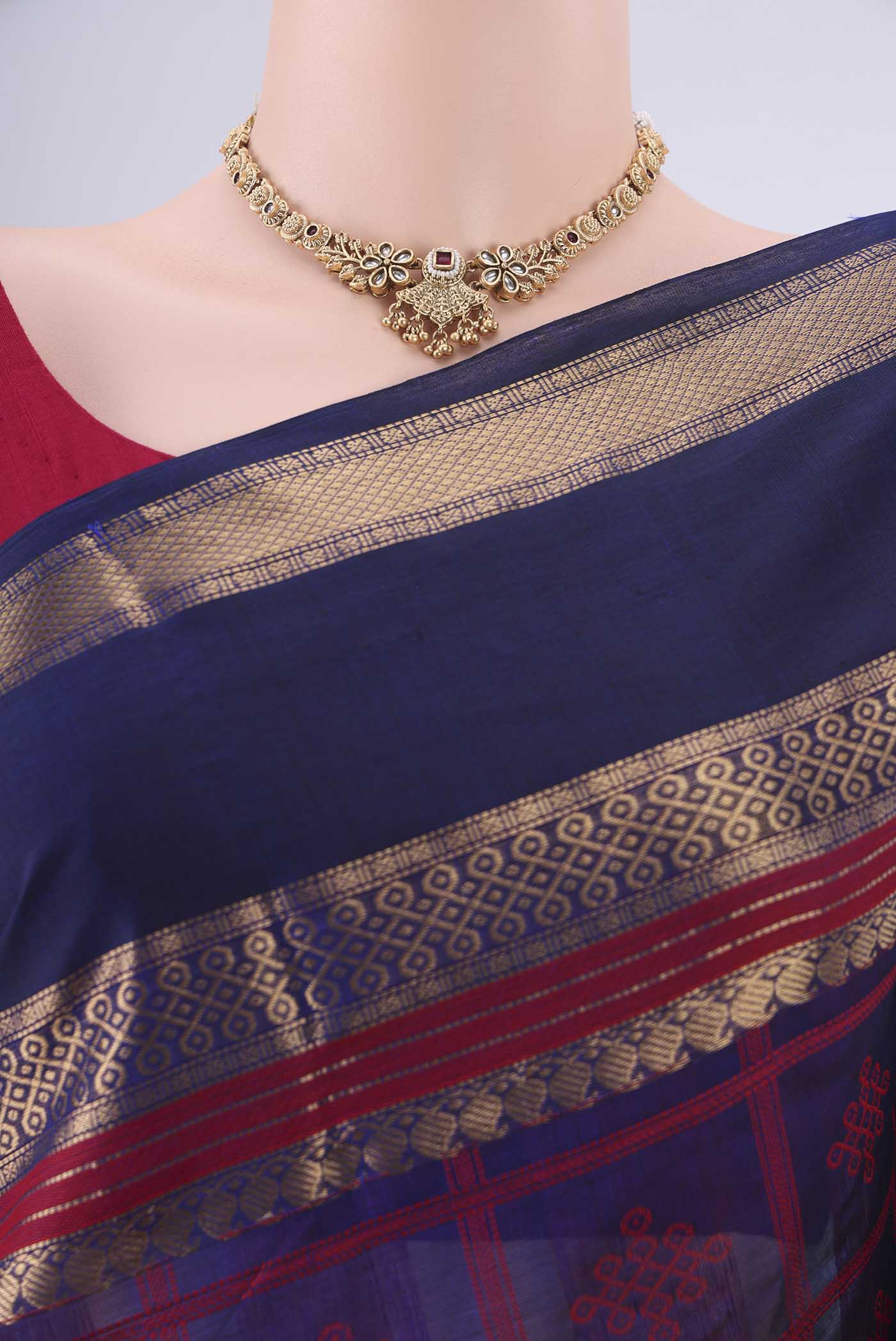 Border image of Navy Blue Coimbatore Silk Cotton Saree with Checked design on the body and Zari Border. 