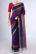 Navy Blue Coimbatore Silk Cotton Saree with Checked design on the body and Zari Border.  displayed on a mannequin