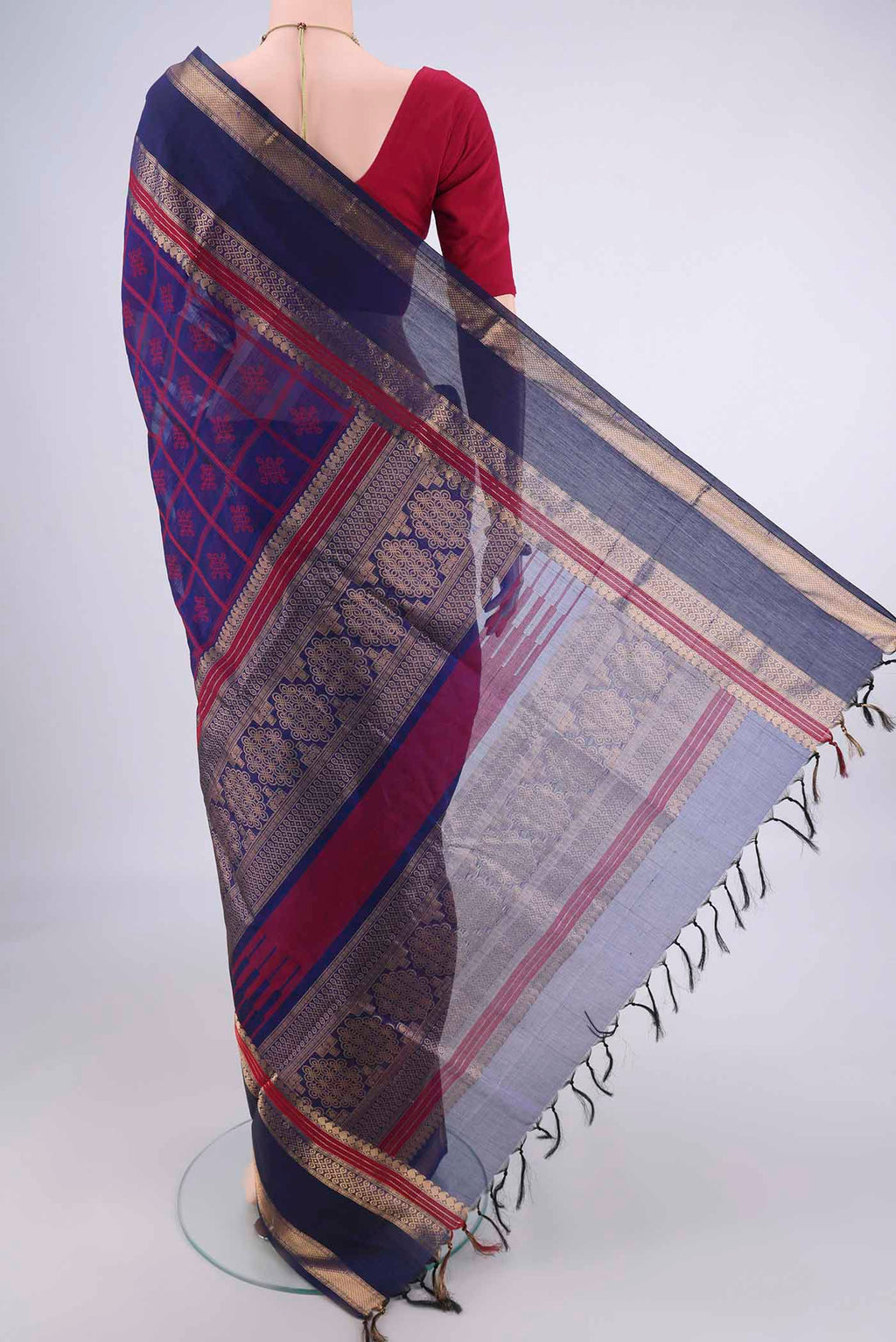 Flat view of Navy Blue Coimbatore Silk Cotton Saree with Checked design on the body and Zari Border. 