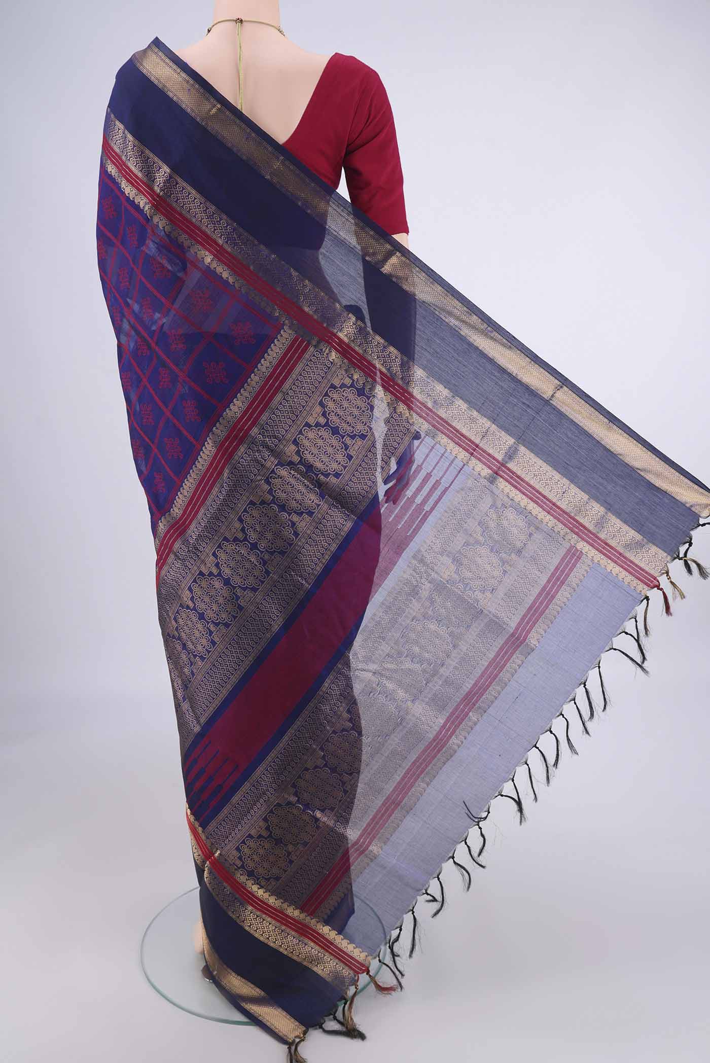 Flat view of Navy Blue Coimbatore Silk Cotton Saree with Checked design on the body and Zari Border. 