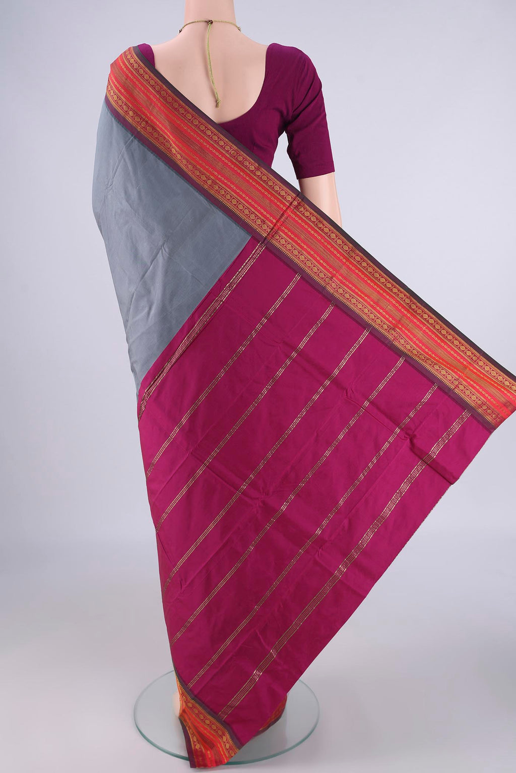 Flat view of Grey Blended Bangalore Silk Saree with Plain Body and Zari Border. 