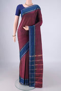 Purple Blended Bangalore Silk Saree with Plain Body and Zari Border.  displayed on a mannequin