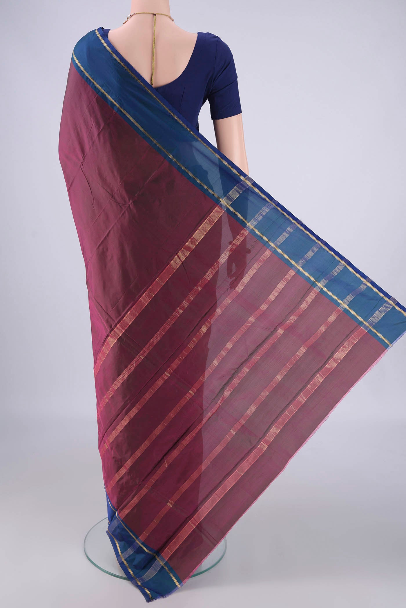 Flat view of Purple Blended Bangalore Silk Saree with Plain Body and Zari Border. 