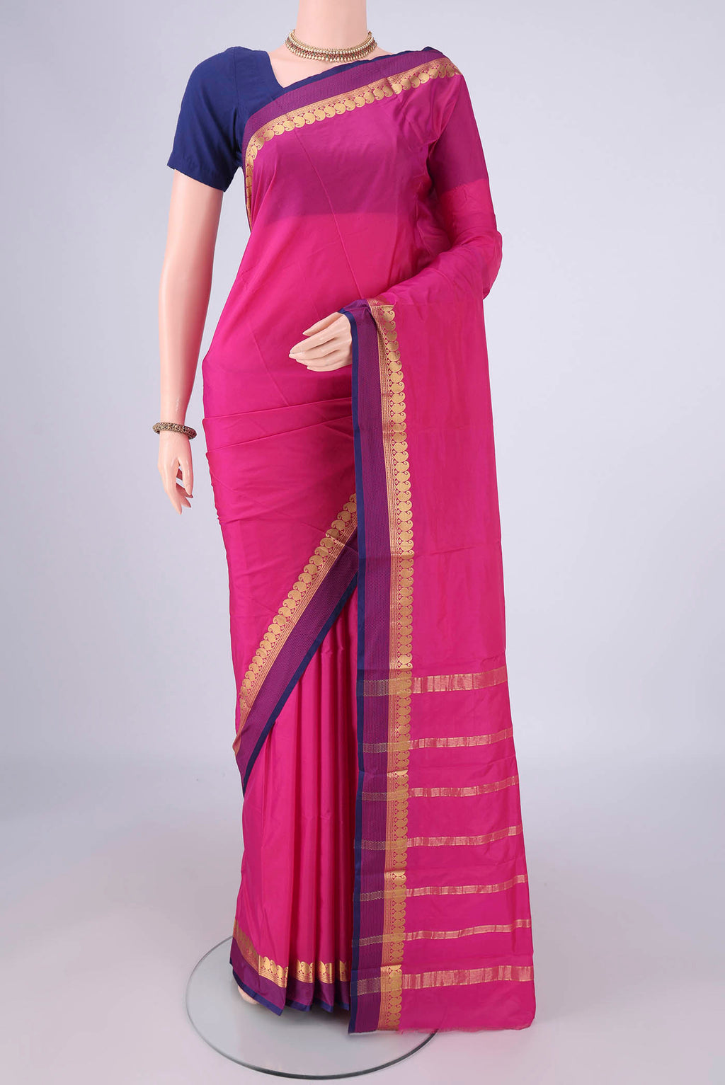 Pink Blended Bangalore Silk Saree with Plain Body and Zari Border.  displayed on a mannequin