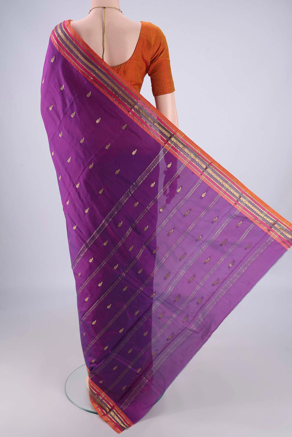 Flat view of Purple Blended Bangalore Silk Saree with Zari Butta on the body and Zari Border. 