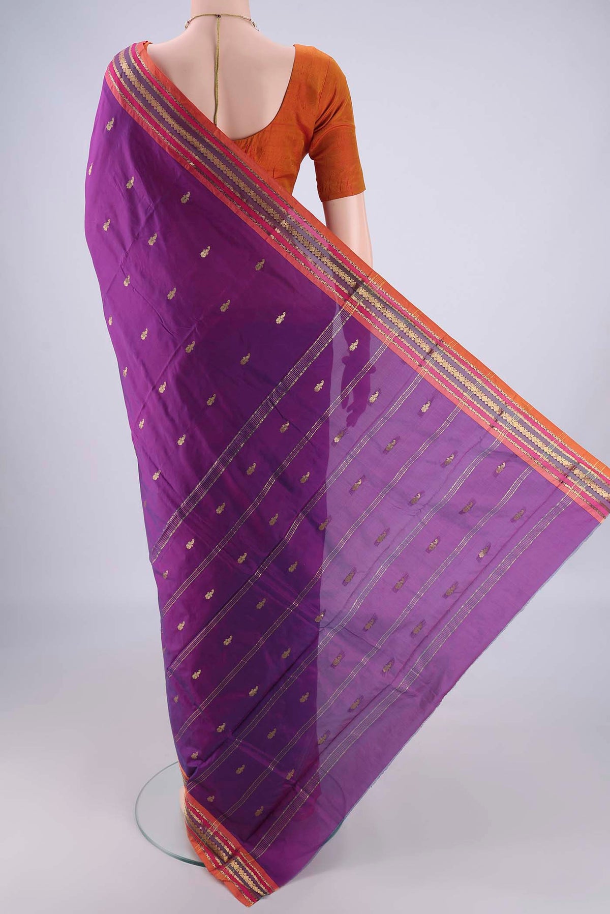 Flat view of Purple Blended Bangalore Silk Saree with Zari Butta on the body and Zari Border. 