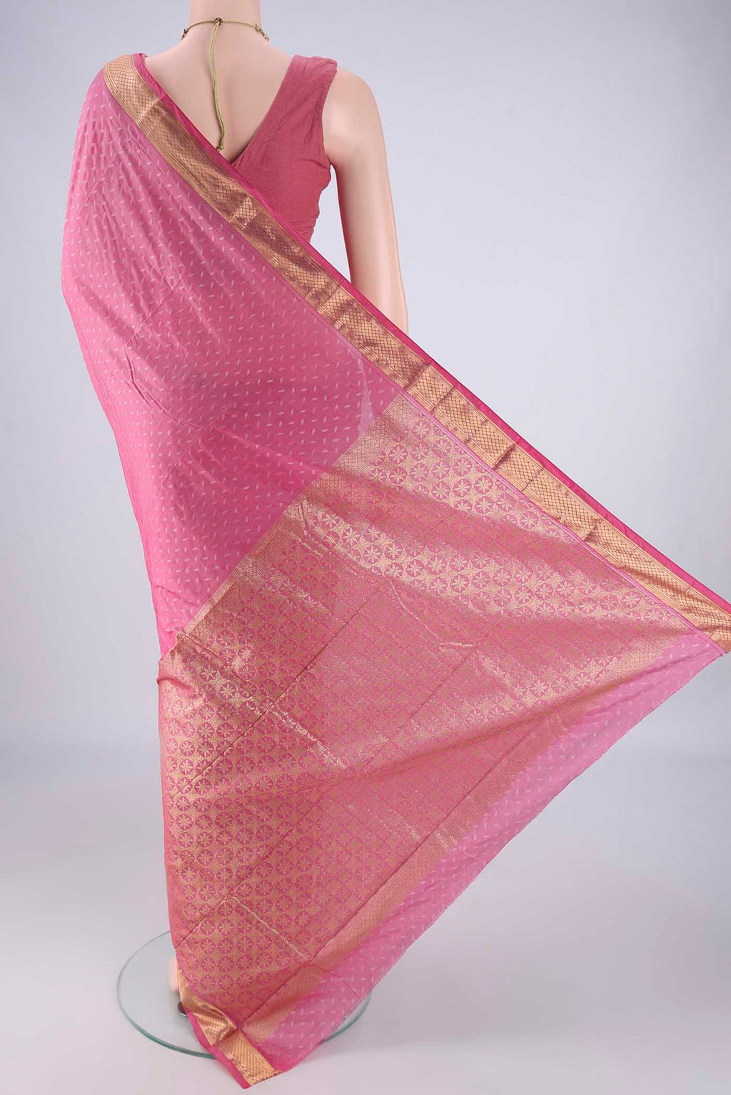 Flat view of Rose pink Blended Bangalore Silk Saree with Jacquard design on the body and Zari Border. 