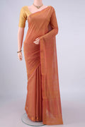 Peach Mangalagiri Cotton Saree with Plain Body and Zari Border.  displayed on a mannequin