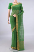 Green Mangalagiri Cotton Saree with Stripes on the body and Zari Border.  displayed on a mannequin