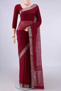Maroon Mangalagiri Cotton Saree with Stripes on the body and Zari Border.  displayed on a mannequin