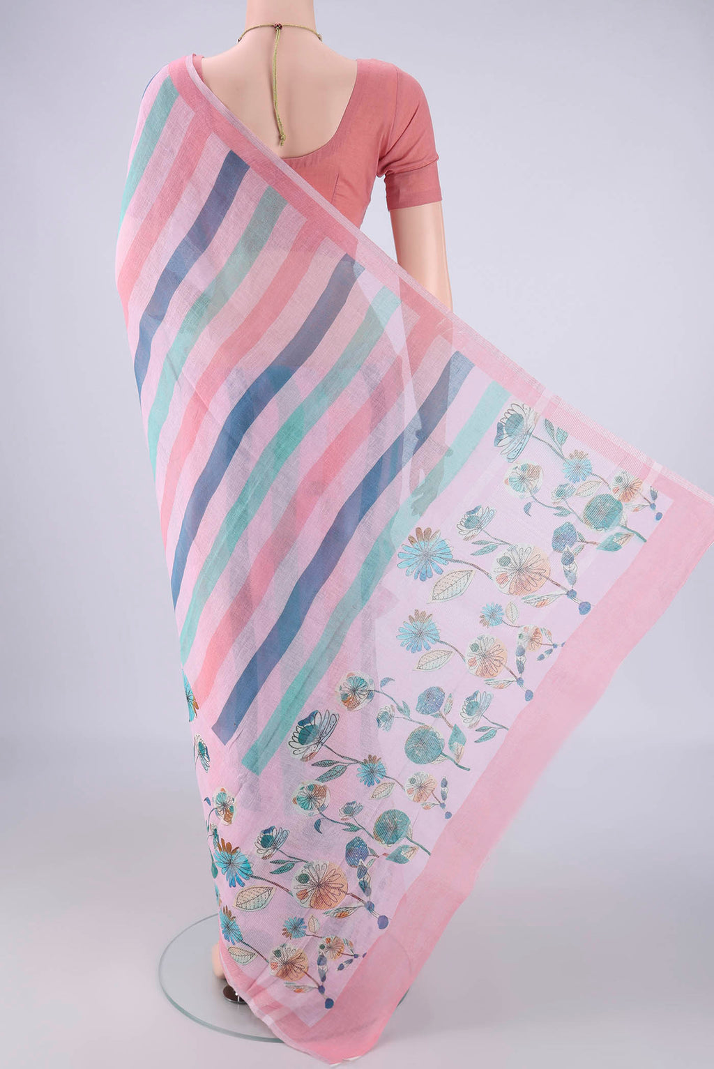 Flat view of Multi Color Linen Saree with Geometric Print on the body and Zari Border. 