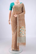 Dark Beige Jute Silk Saree with Plain Body and Plain Border.  displayed on a mannequin