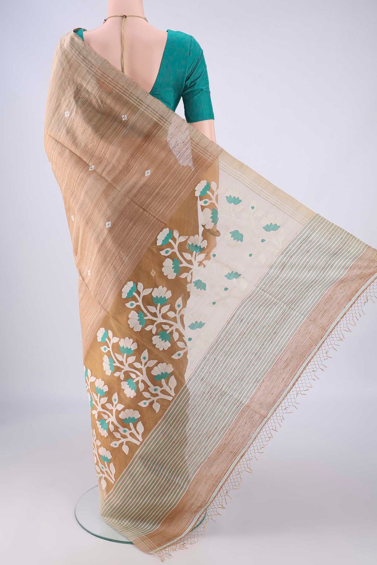 Flat view of Dark Beige Jute Silk Saree with Plain Body and Plain Border. 